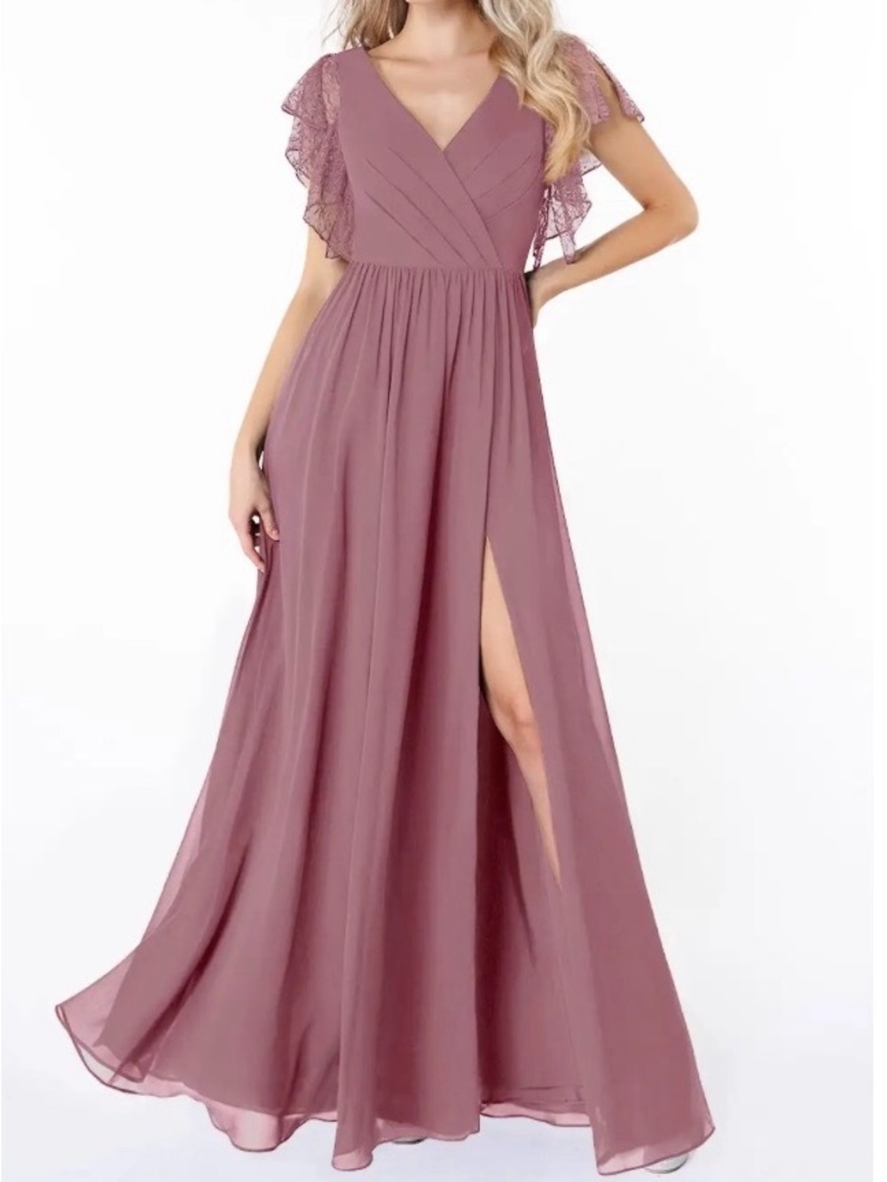 Azazie Elegant Mauve Lace Flutter Sleeve Maxi Dress